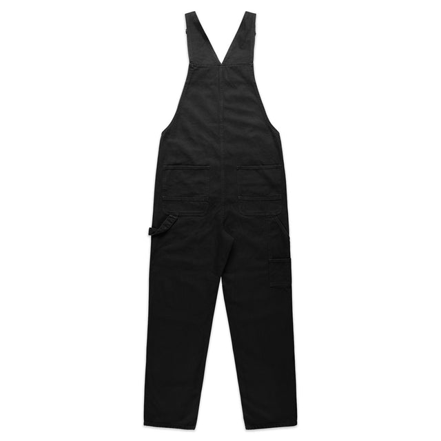 Unisex black canvas overalls with adjustable straps and utility pockets — back view