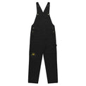 Unisex black canvas overalls with crown embroidery — front view
