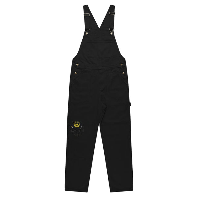 Unisex black canvas overalls with crown embroidery — front view