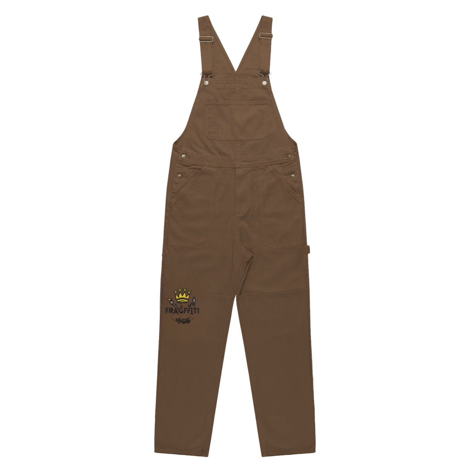 Unisex walnut canvas overalls with crown embroidery — front view