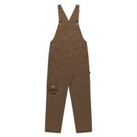 Unisex walnut canvas overalls with crown embroidery — front view
