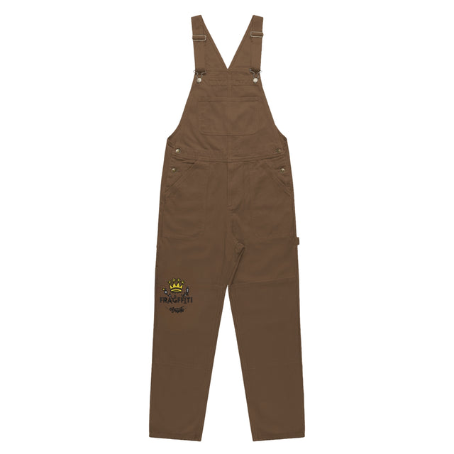 Unisex walnut canvas overalls with crown embroidery — front view