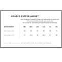 Size chart for a hooded puffer jacket with measurement details.