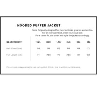 Size chart for a hooded puffer jacket with measurement details.