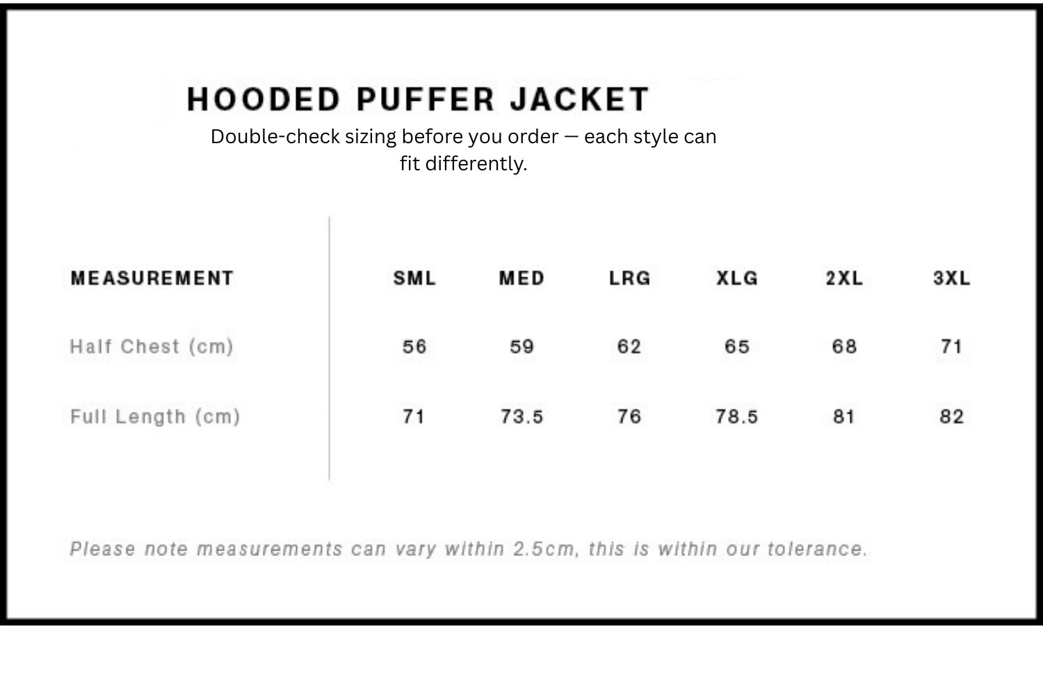 Size chart for a hooded puffer jacket with measurements in centimeters.
